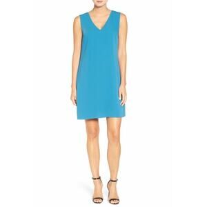$235 Cooper & Ella Cerulean Blue Vneck Draped Maren Shift Dress Medium NEW C438